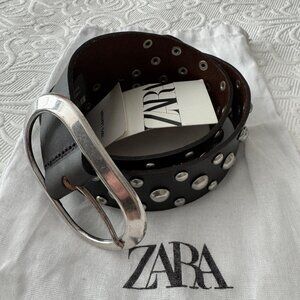 100% Authentic NWT LEATHER Brown Distressed Studded Silver Buckle 80 S M Khaite